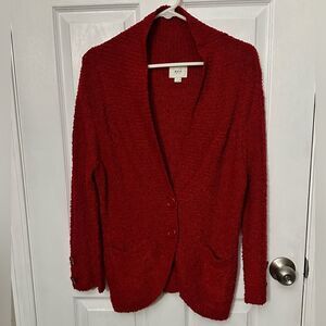 Eci New York Cardigan Sweater 3/4 Sleeve Red Solid Boucle Wool Blend Pockets L